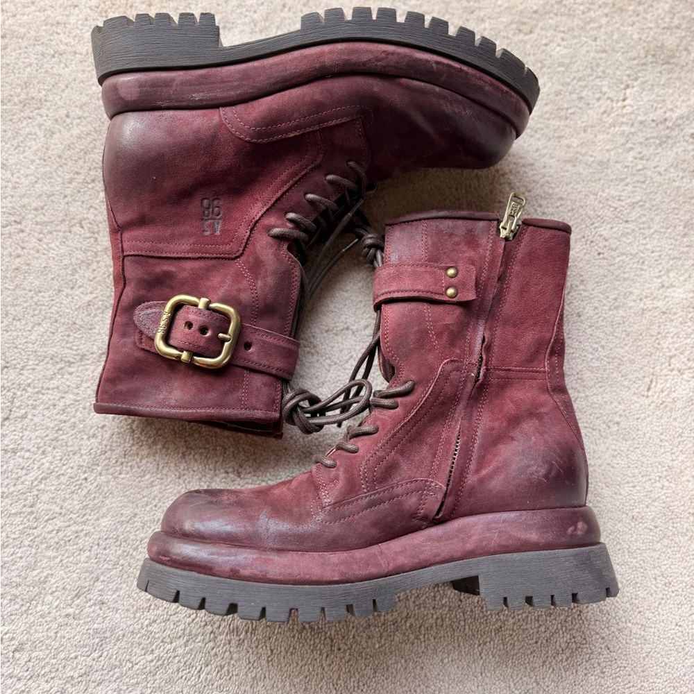 A.S.98 Dewitt Wine Burgundy Leather Combat Boots with Buckle Side Zip Lace Up 37
